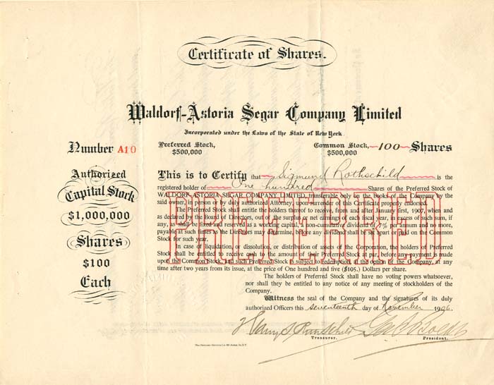 Waldorf-Astoria Segar Co. Limited issued to Sigmund Rothschild